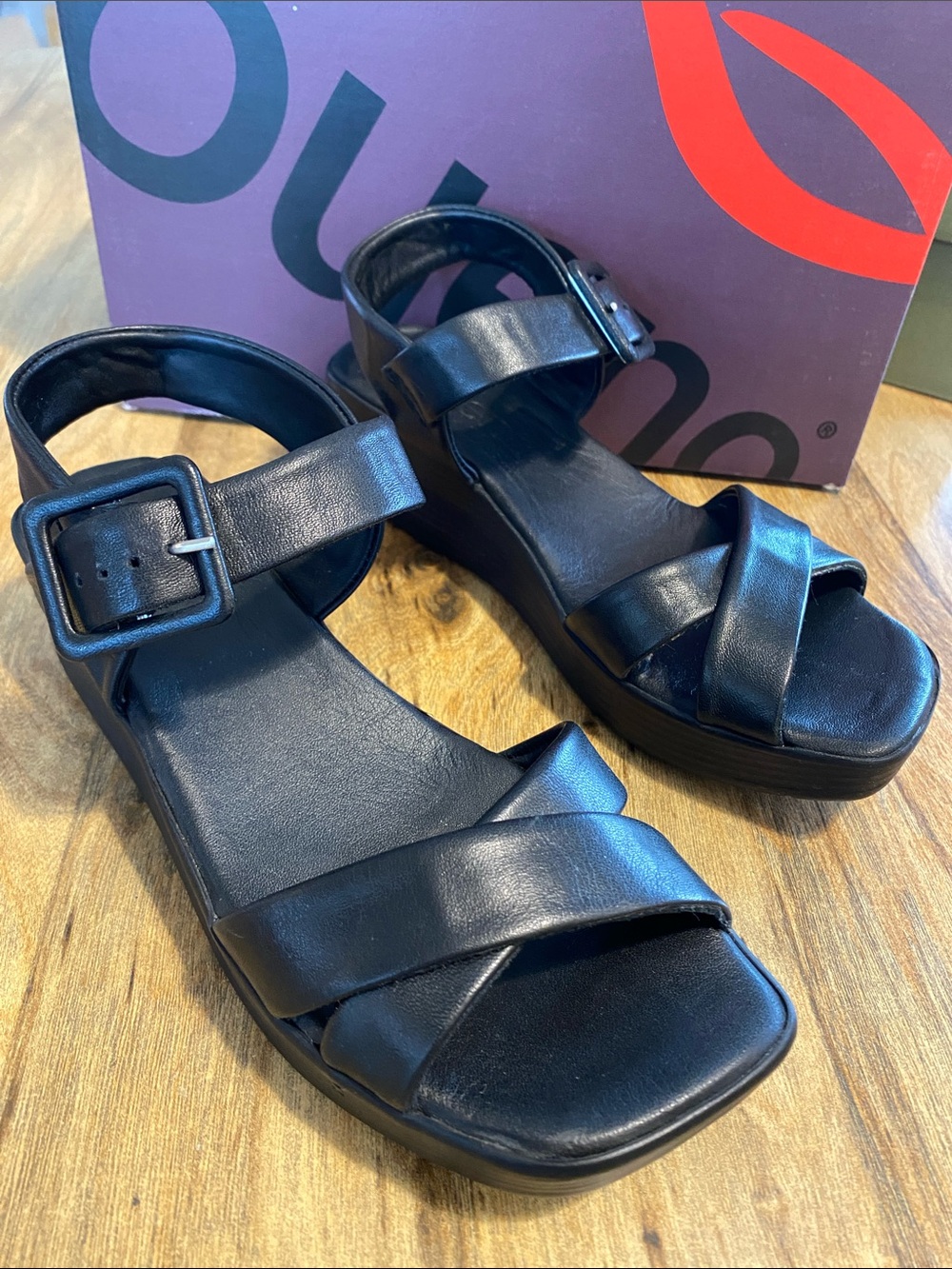 Bueno Manny- Black Women's Platform Sandals with Buckle Strap